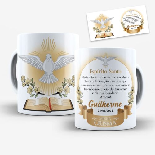Arte para caneca crisma espírito santo com pomba branca, tons dourados elegantes e espaço para nome e data