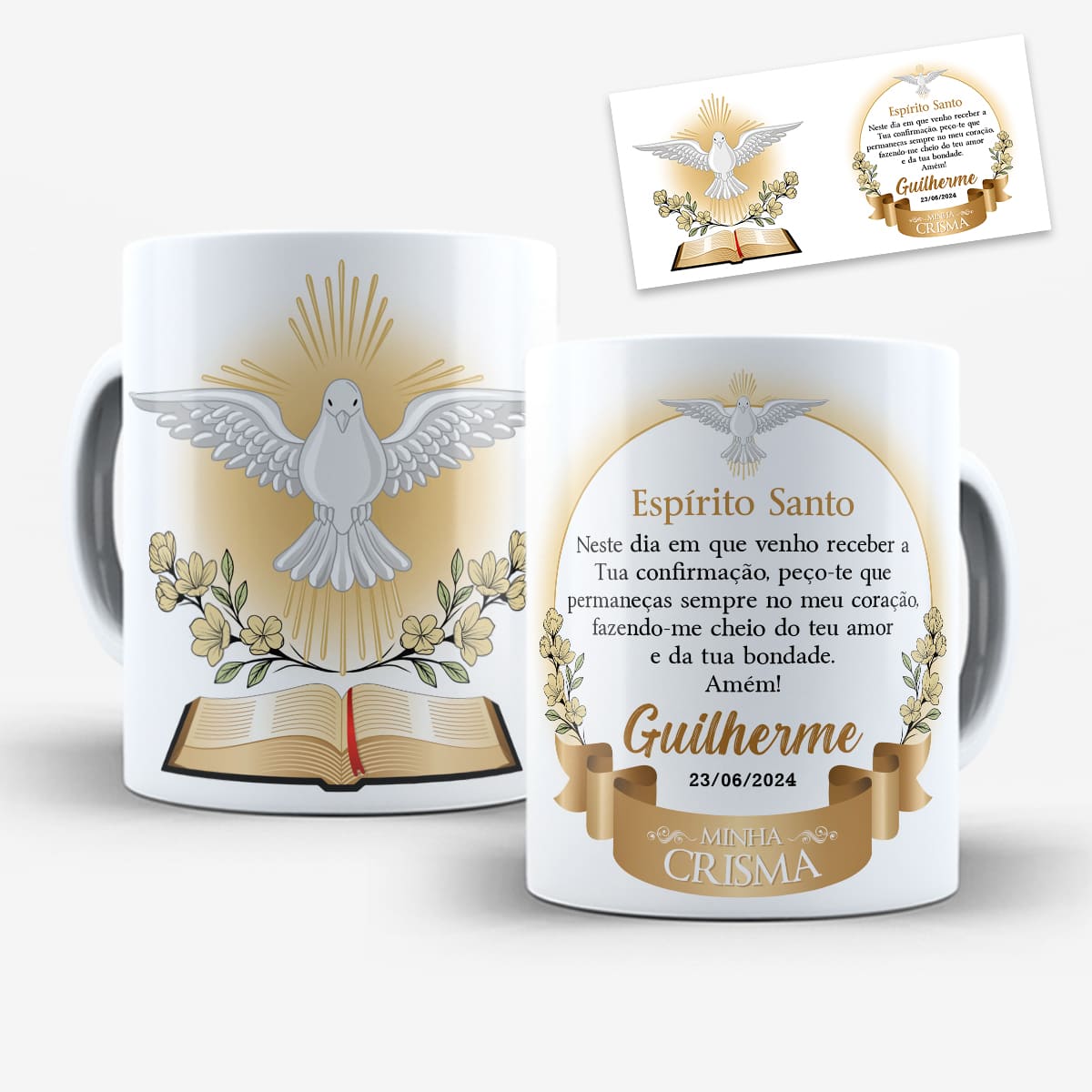 Arte para caneca crisma espírito santo com pomba branca, tons dourados elegantes e espaço para nome e data