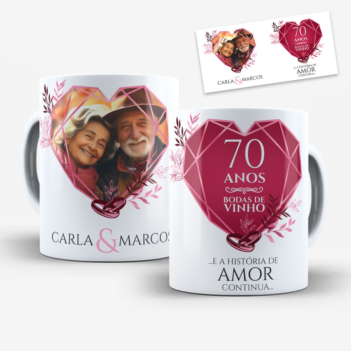 Arte Para Caneca Bodas de vinho 70 Anos de Casados Com Foto - Arquivo Digital Sublimação