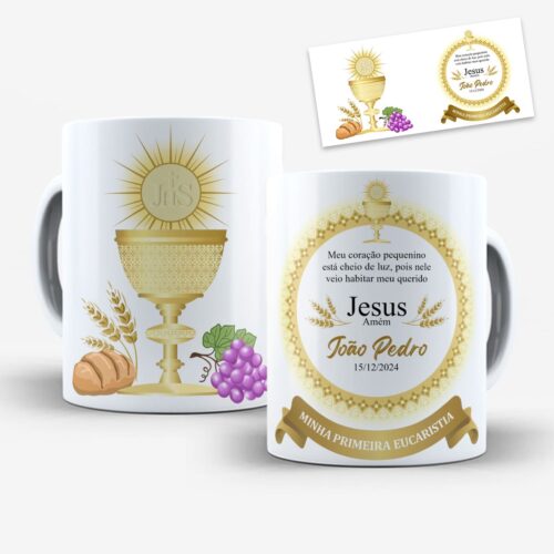 arte para caneca minha primeira eucaristia com cálice dourado, hóstia, raios de luz, trigo, uvas e moldura circular com espaço para nome e data