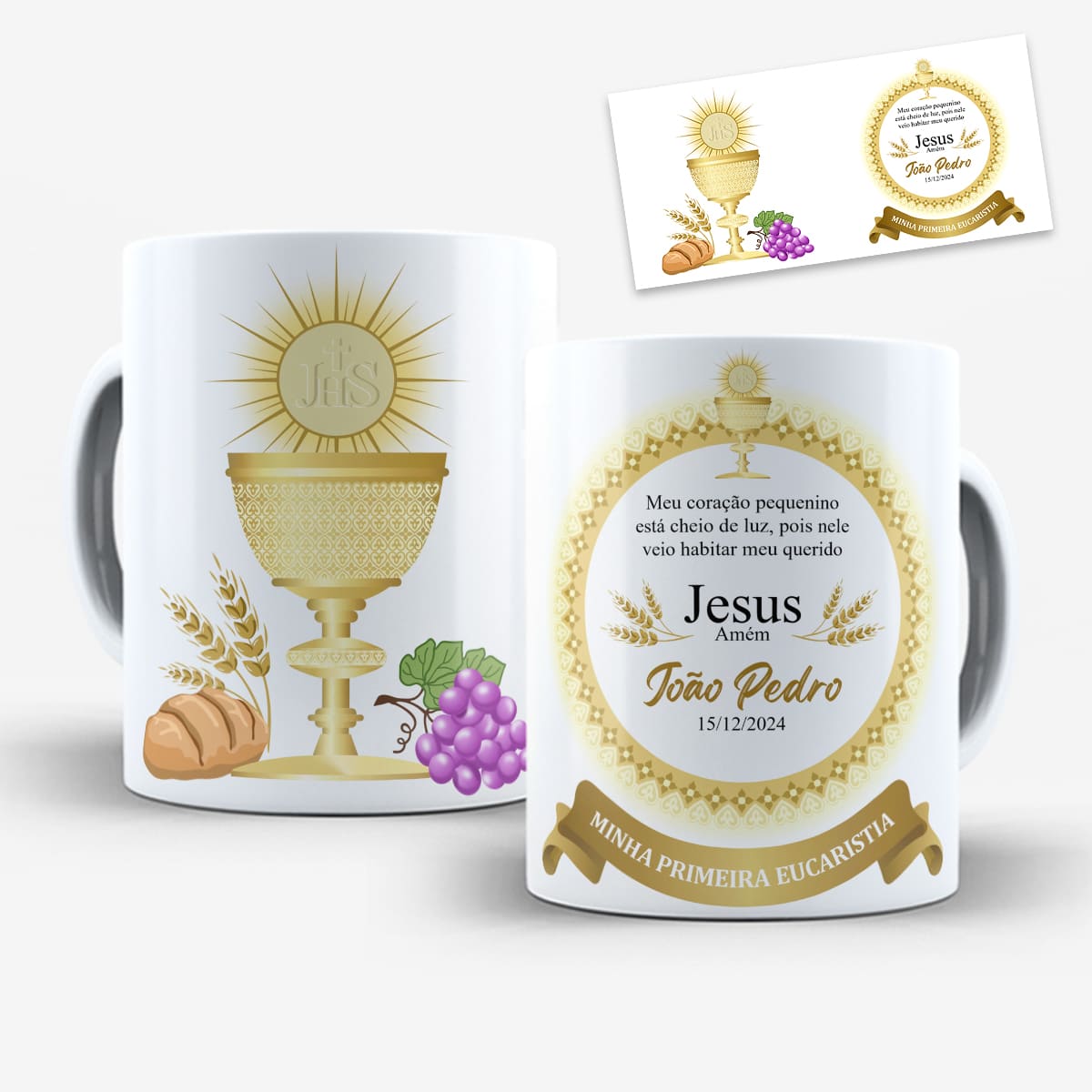 arte para caneca minha primeira eucaristia com cálice dourado, hóstia, raios de luz, trigo, uvas e moldura circular com espaço para nome e data
