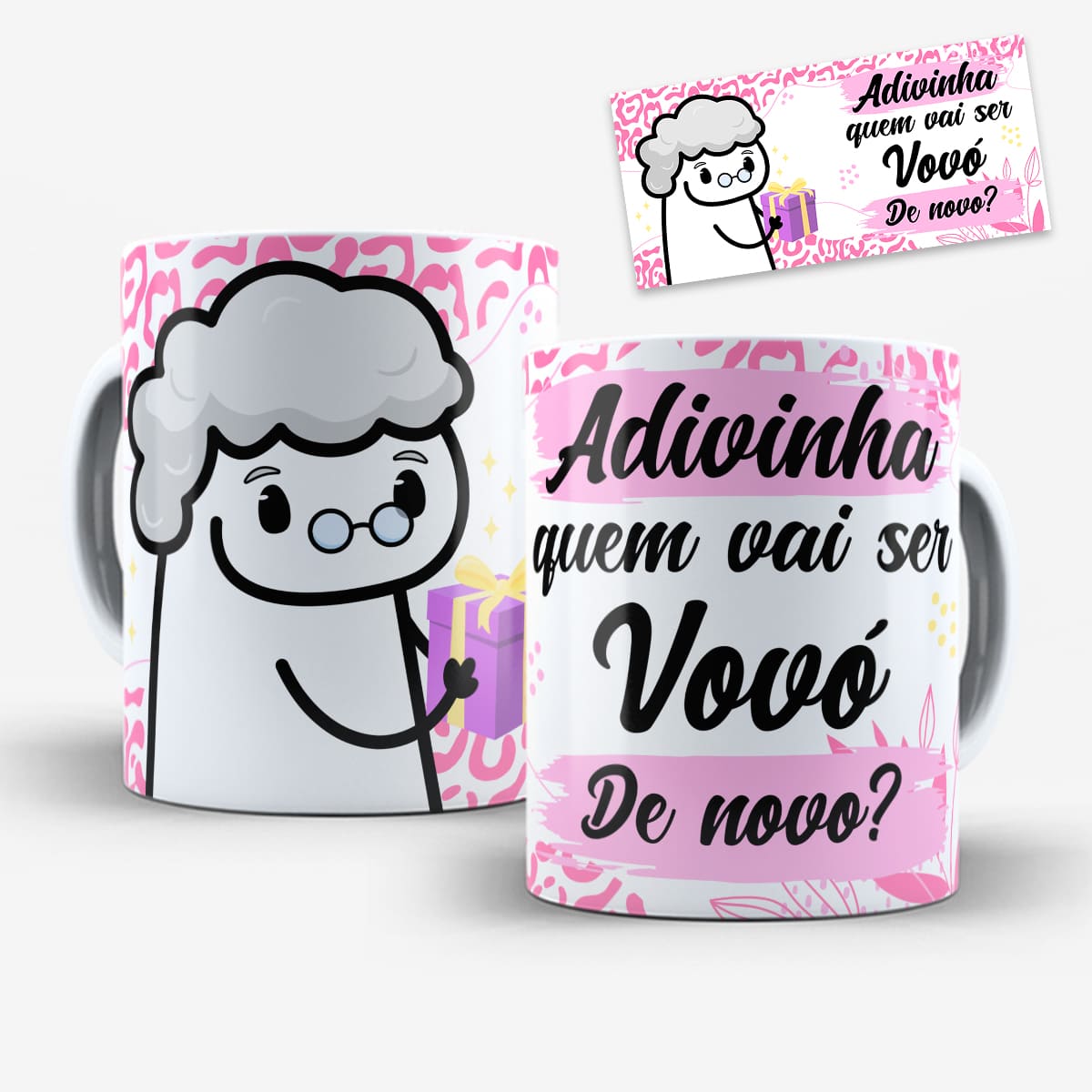 Arte para caneca adivinha quem vai ser vovó de novo com tons de rosa e desenho de vovó segurando presente