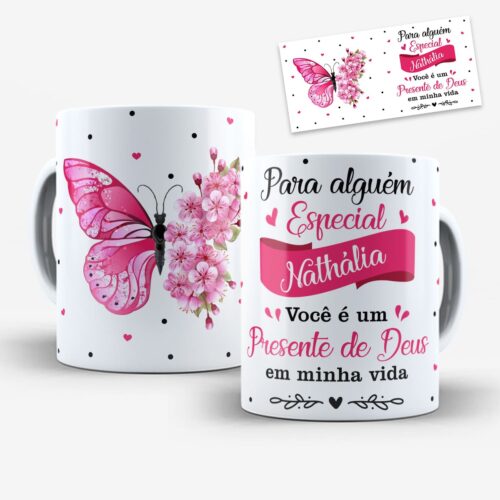 arte digital para caneca alguém especial presente de deus com borboleta rosa, flores suaves e espaço para nome