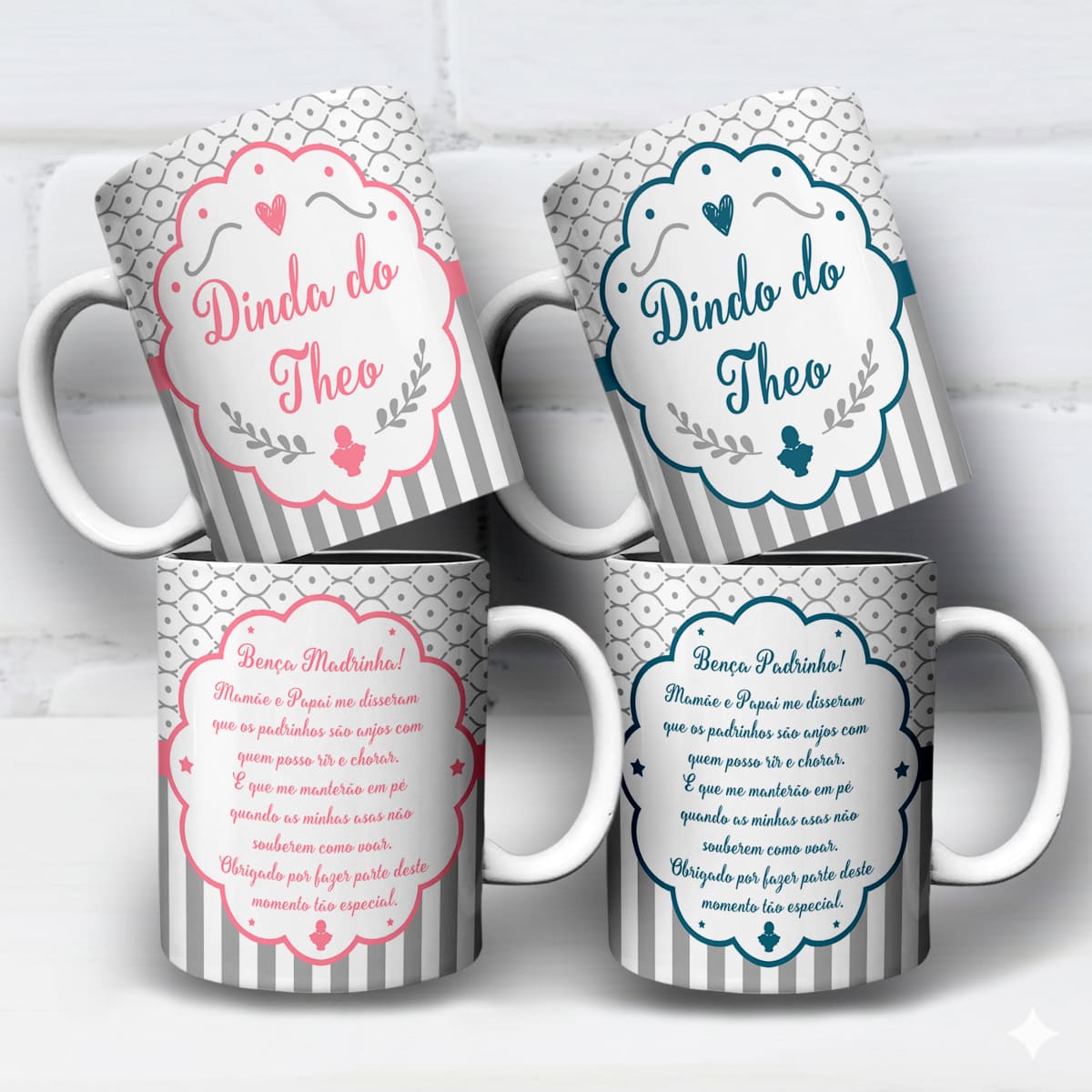 Arte Para Caneca Dindo e Dinda Padrinhos de Batismo Anjinhos - Arquivo Digital Sublimação