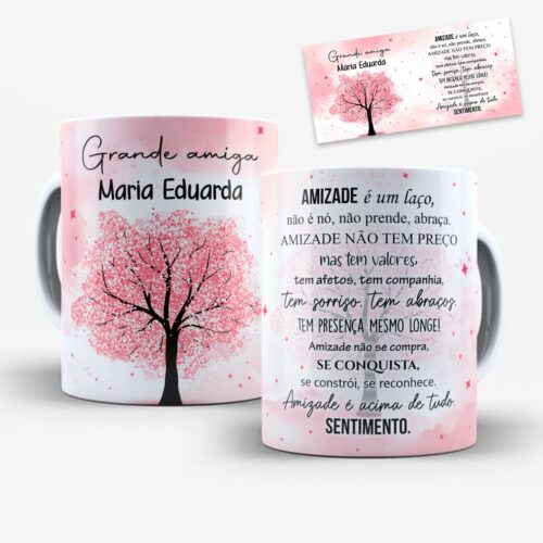 arte para caneca grande amiga árvore rosa com fundo suave, árvore florida em tons de rosa, mensagem e espaço para personalização de nome