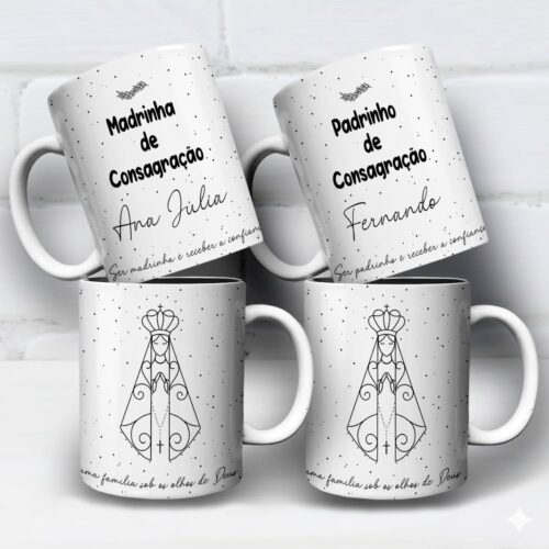 arte para caneca madrinha e padrinho de consagração com santa em duas versões, com desenho de Nossa Senhora, frase e nome personalizável