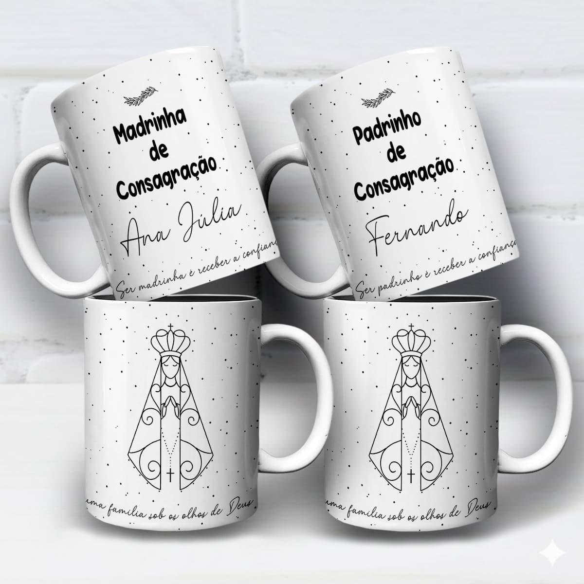 arte para caneca madrinha e padrinho de consagração com santa em duas versões, com desenho de Nossa Senhora, frase e nome personalizável