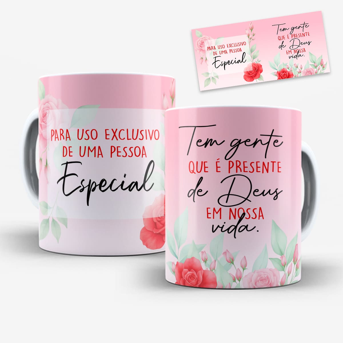 Arte digital para caneca amizade com flores em tons de rosa suave e frase Tem gente que é presente de Deus em nossa vida.