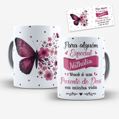 arte digital para caneca alguém especial presente de deus com borboletas rosas e vinho, flores suaves e espaço para nome