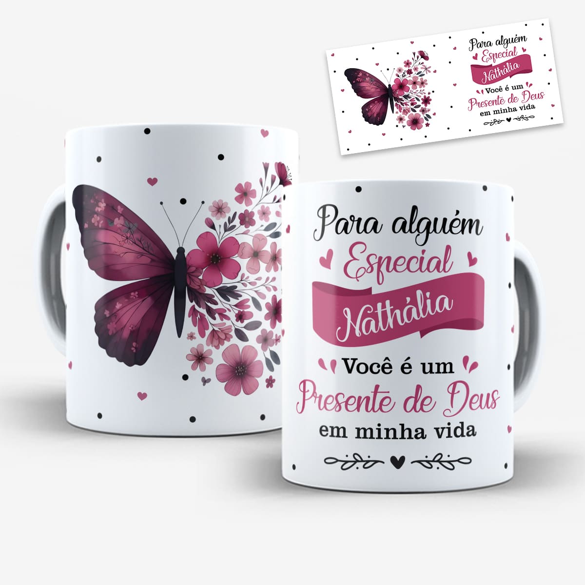 arte digital para caneca alguém especial presente de deus com borboletas rosas e vinho, flores suaves e espaço para nome