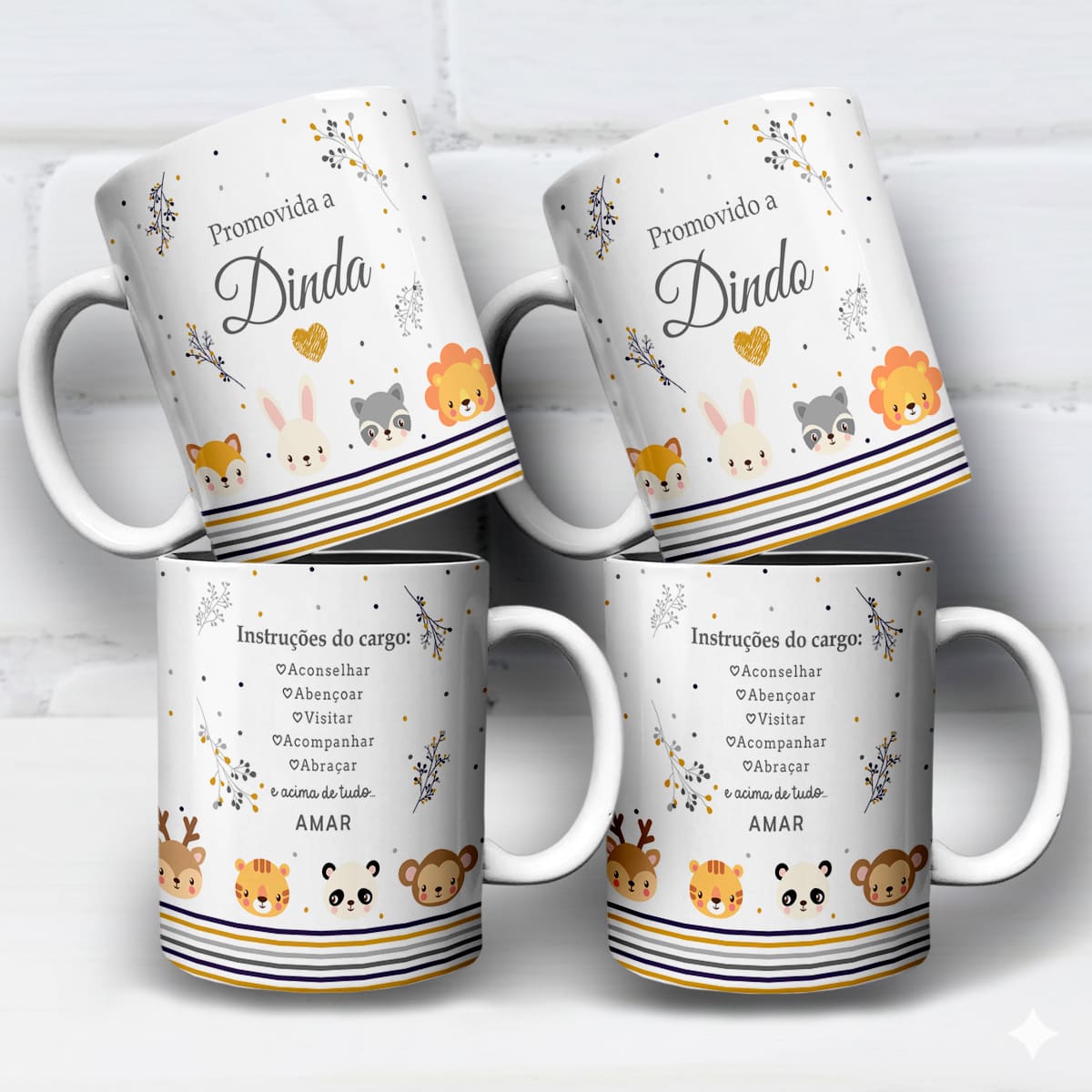 Arte digital para caneca batizado Dindo e Dinda safari com bichinhos delicados e mensagem carinhosa
