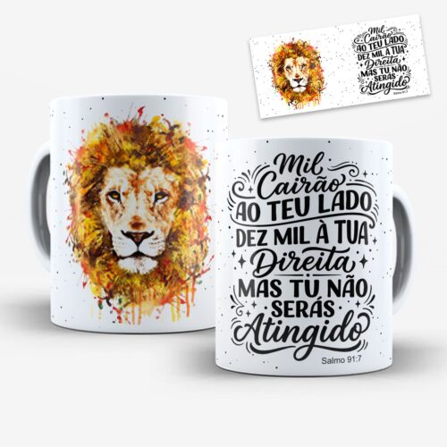 arte digital para caneca Leão de Judá e Salmo 91:7 com leão imponente, cores vibrantes e texto do versículo bíblico.