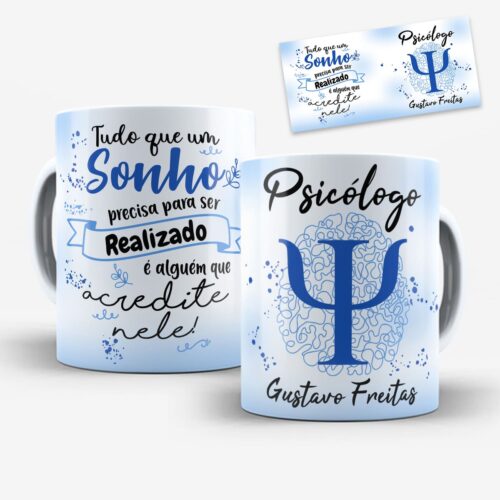arte digital para caneca psicologia para psicólogo com símbolo da profissão, frase inspiradora, design com elementos delicados em tons de azul e espaço para personalização de nome.