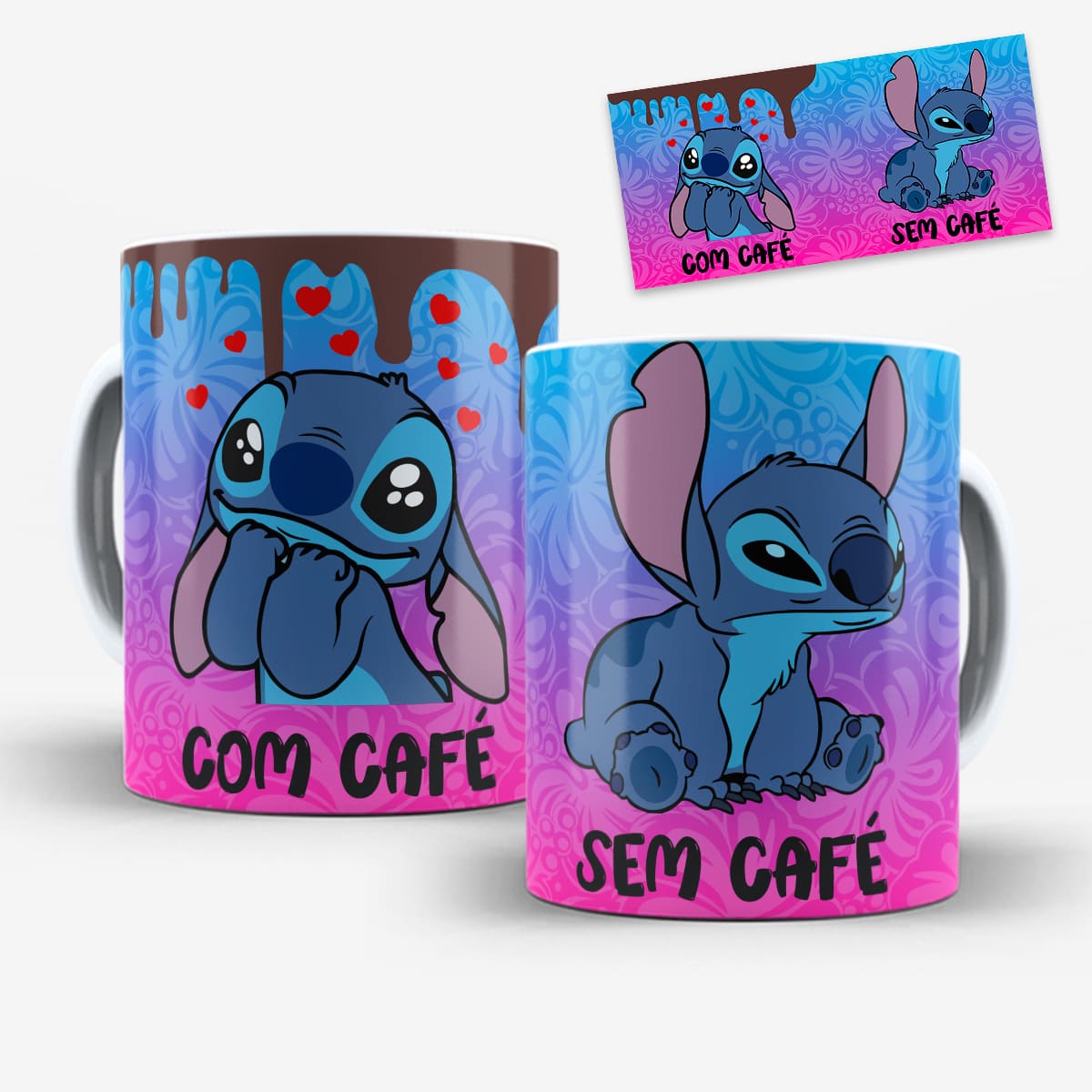 Arte digital para caneca Stitch com personagem animado com café e sonolento sem café
