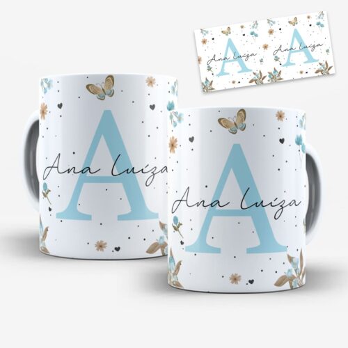arte para caneca alfabeto floral azul com letra inicial grande, flores delicadas, borboletas e possibilidade de personalização de nome