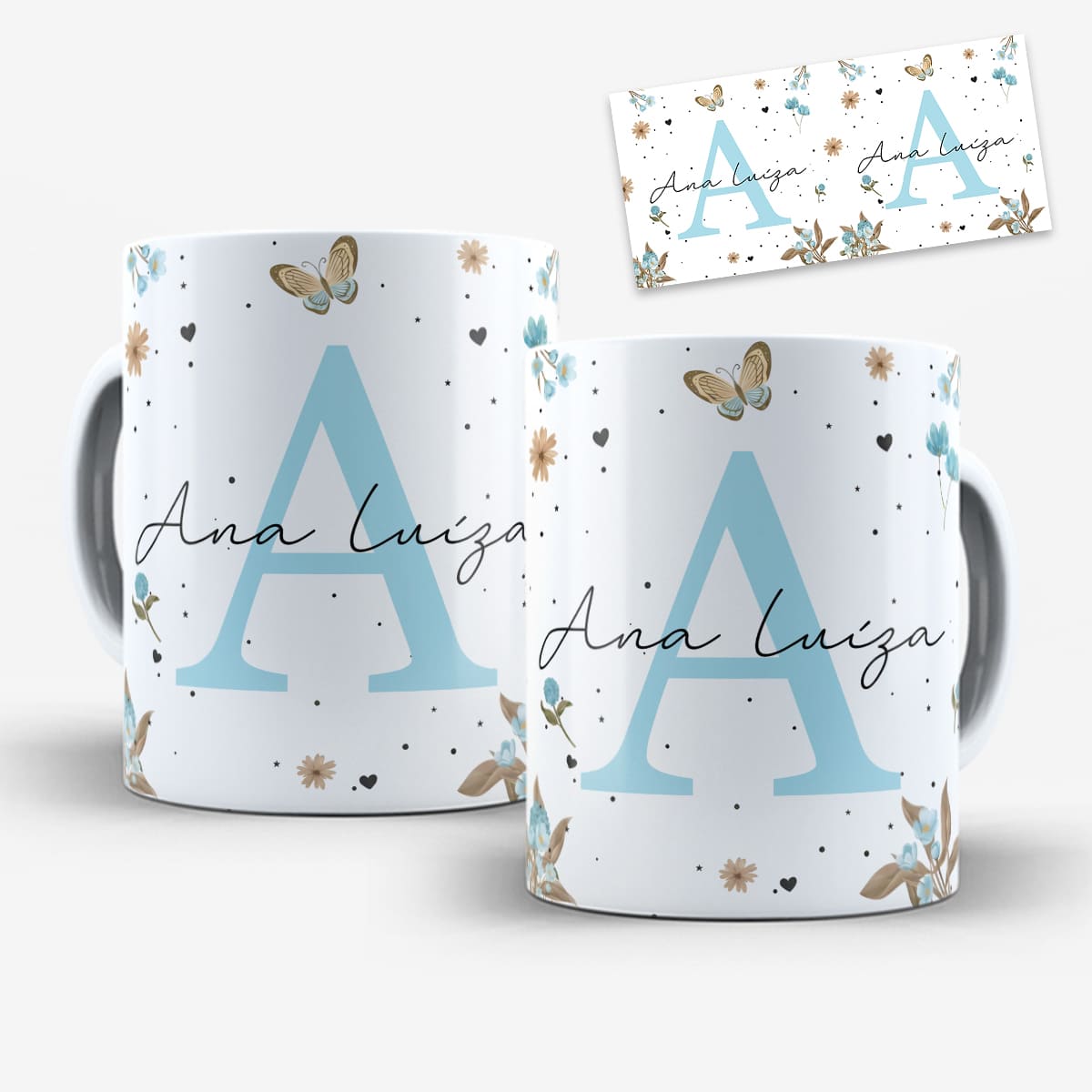 arte para caneca alfabeto floral azul com letra inicial grande, flores delicadas, borboletas e possibilidade de personalização de nome