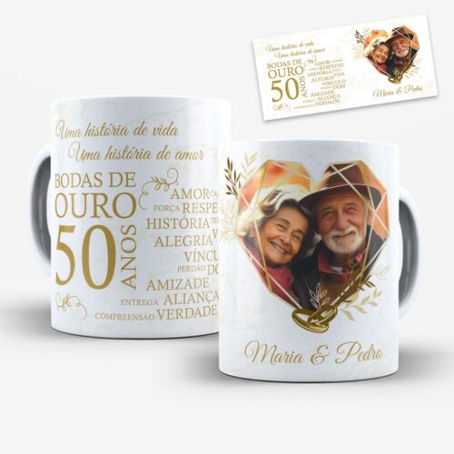 Arte digital para caneca Bodas de Ouro com selo dourado 50 anos, frase Uma história de vida e espaço para foto e nomes