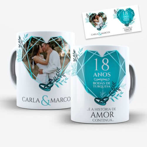 arte digital para caneca bodas de turquesa 18 anos de casados com coração turquesa moldurando foto do casal e nomes