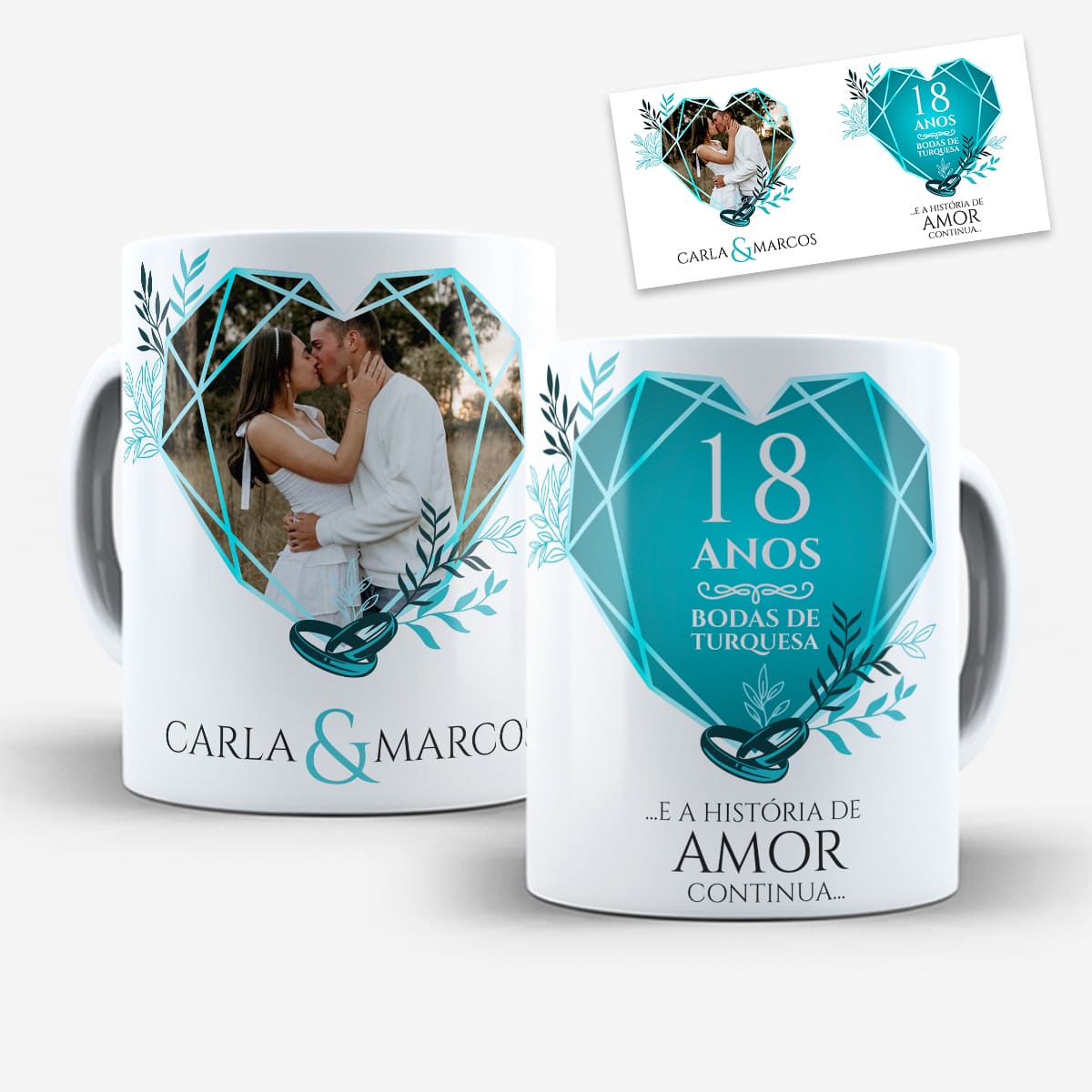 arte digital para caneca bodas de turquesa 18 anos de casados com coração turquesa moldurando foto do casal e nomes