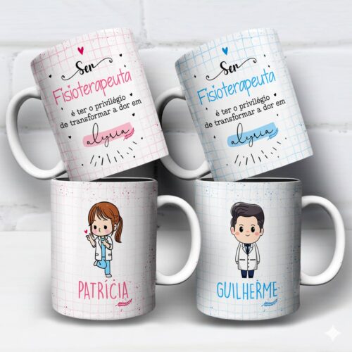 artes digitais para caneca no tema fisioterapeuta nas versões masculino e feminina com frase motivacional e possibilidade de personalização com nome