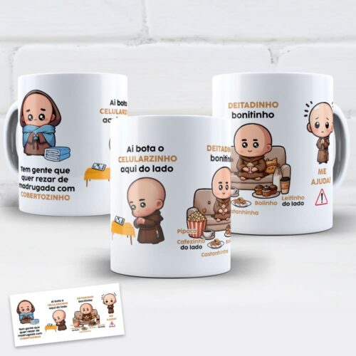 arte digital para caneca Frei Gilson sobre oração de madrugada com cobertor, café e pipoca, humor religioso católico