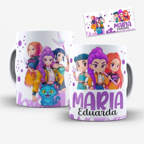 Arte digital para caneca Huntrix Guerreiras do Kpop com cristais mágicos, gatinho azul e nome personalizável