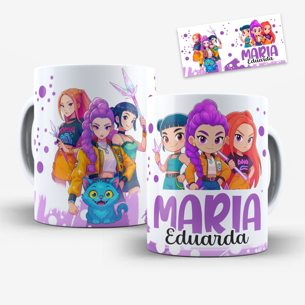 Arte digital para caneca Huntrix Guerreiras do Kpop com cristais mágicos, gatinho azul e nome personalizável