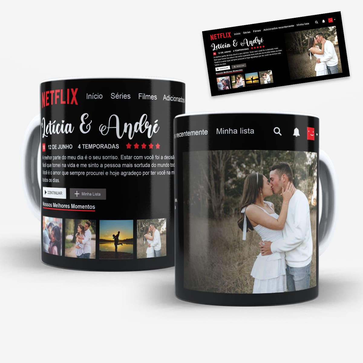 Arte para caneca netflix dia dos namorados com layout da plataforma de séries e filmes, espaços para fotos, nomes do casal e mensagem