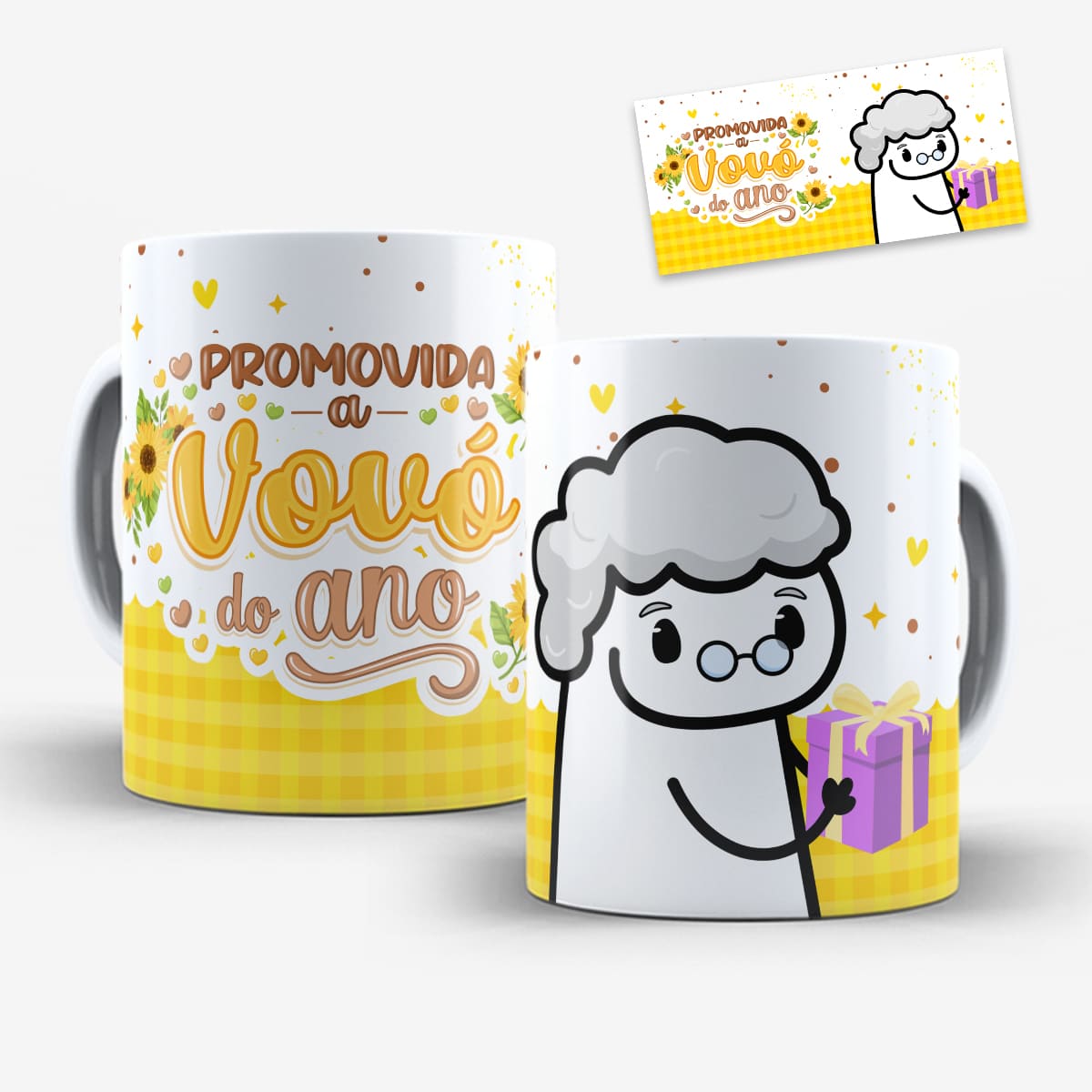 Arte para caneca promovida a vovó do ano com desenho de flork, girassóis e fundo xadrez