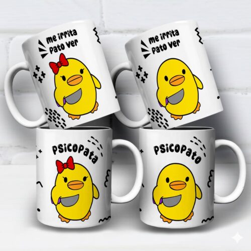 arte digital para caneca psicopato e psicopata com patinhos segurando faca e frase me irrita pato ver em estilo irreverente