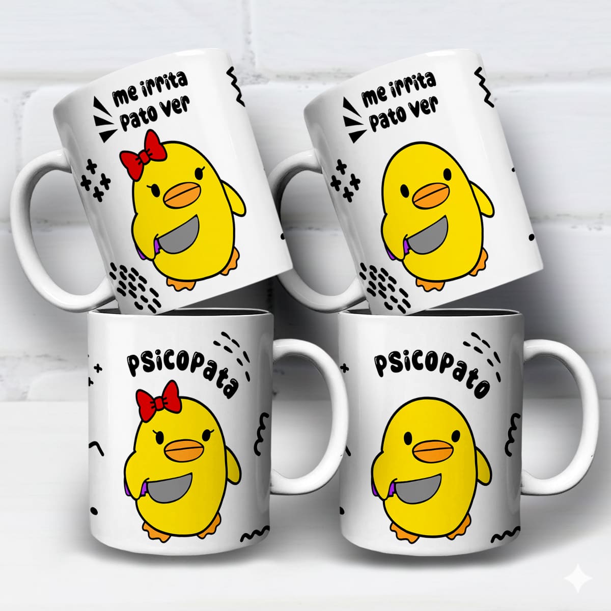 arte digital para caneca psicopato e psicopata com patinhos segurando faca e frase me irrita pato ver em estilo irreverente