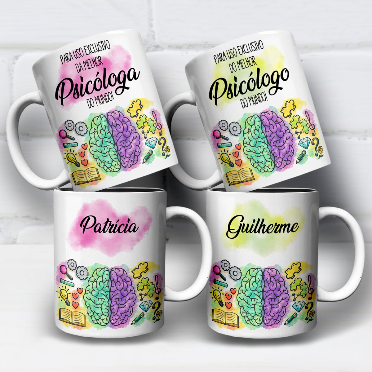 arte digital para caneca psicóloga e psicólogo com cérebro colorido e possibilidade de personalização de nome nas duas versões