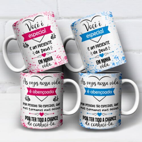 Arte digital para caneca amizade e fé com a frase Você é Especial e Um Presente de Deus em tons de rosa e azul