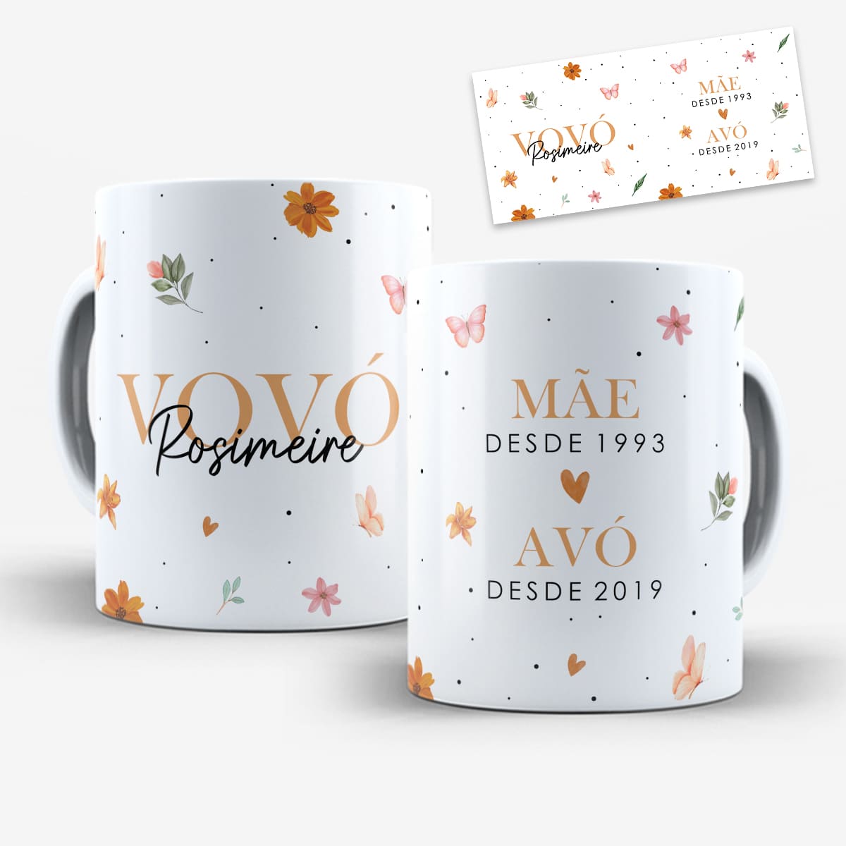 arte para caneca vovó mãe desde e avó desde com flores borboletas fundo claro e textos do nome e dos anos personalizáveis