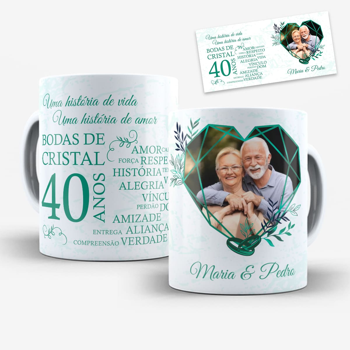 Arte digital para caneca Bodas de Esmeralda 40 anos, com a frase Uma história de vida Uma história de amor e espaço para foto e nomes do casal