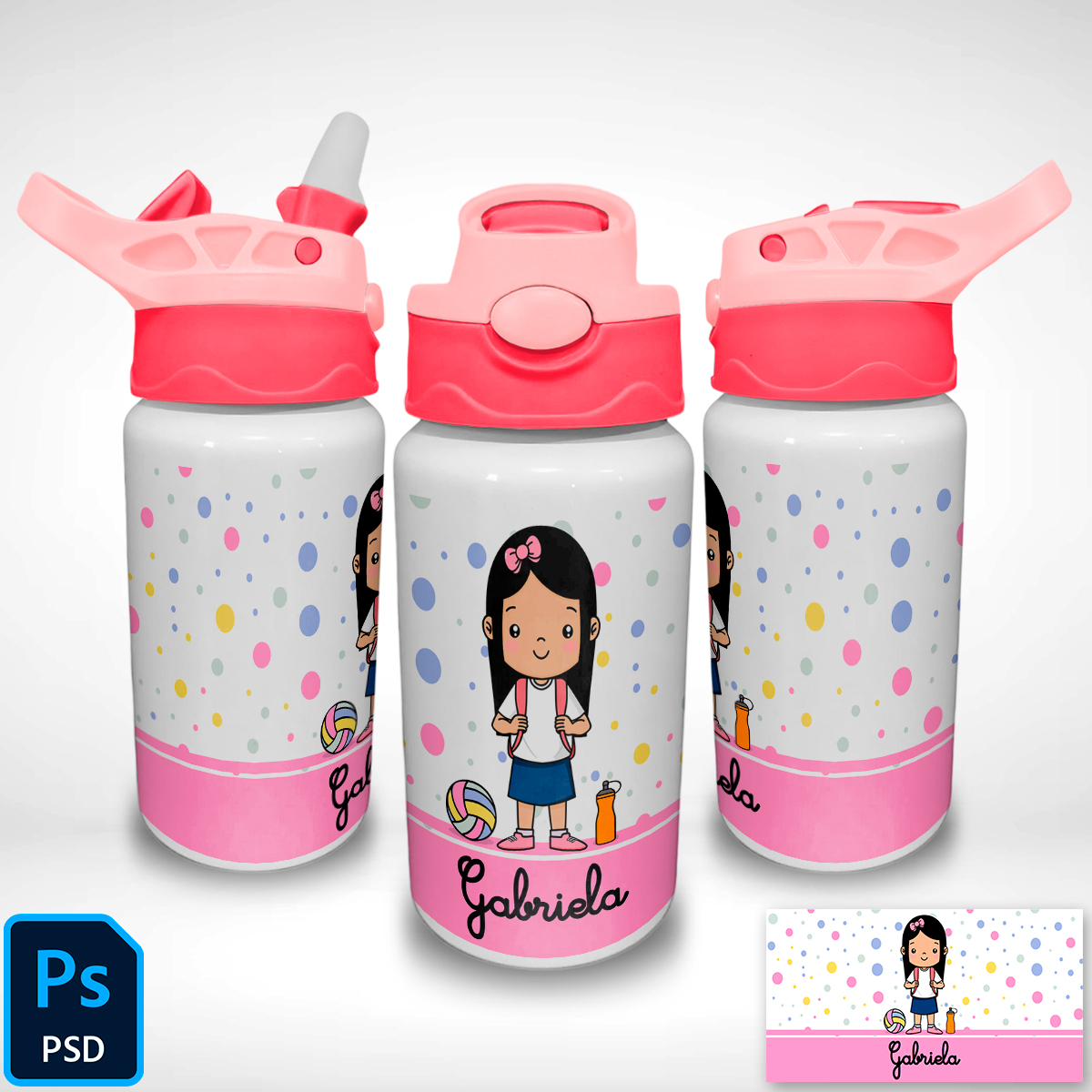 Mockup squeeze alumínio infantil com tampa colorida em três ângulos diferentes arquivo PSD editável