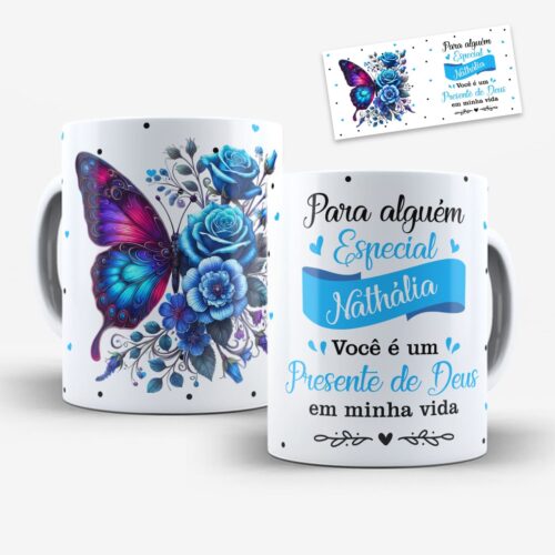Arte para caneca alguém especial presente de deus borboleta azul em tons vibrantes, flores azuis e nome editável