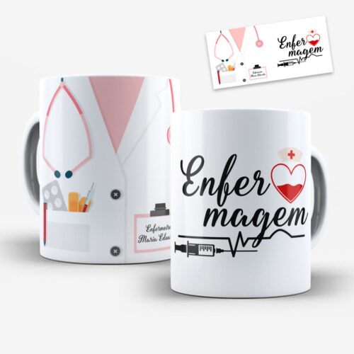 Arte digital para caneca enfermagem para enfermeira com desenho de batimento cardíaco, elementos médicos e espaço no desenho do bolso do jaleco para personalização com nome