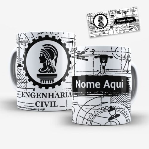Arte Para Caneca Profissão Engenharia Civil em preto e branco com desenhos de guindastes, projetos, engrenagens e espaço para nome