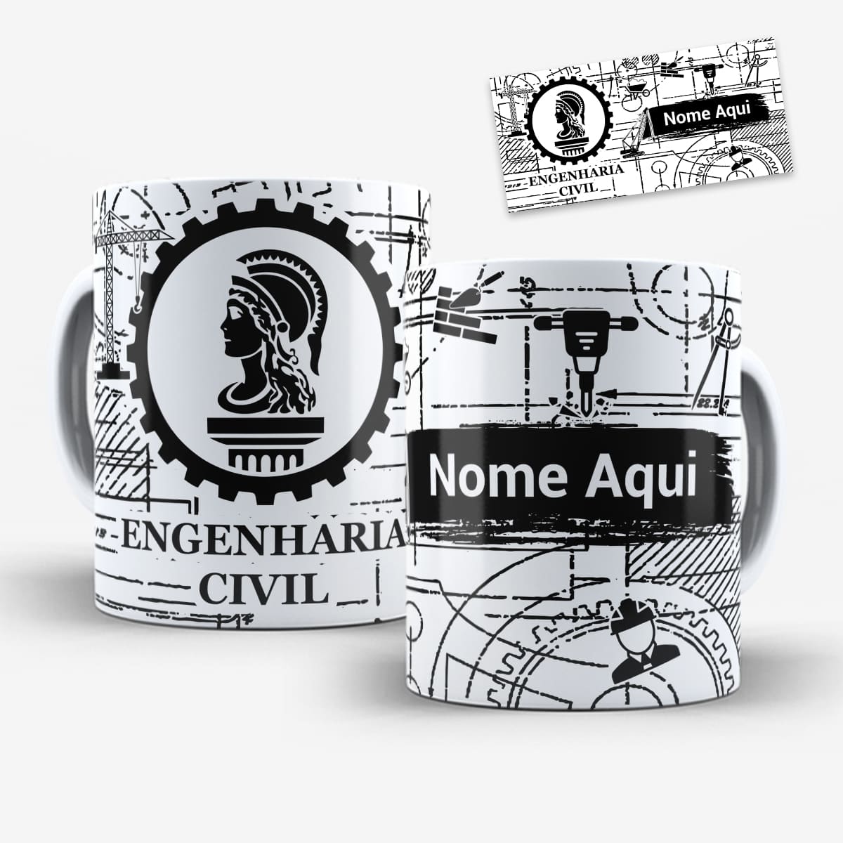 Arte Para Caneca Profissão Engenharia Civil em preto e branco com desenhos de guindastes, projetos, engrenagens e espaço para nome