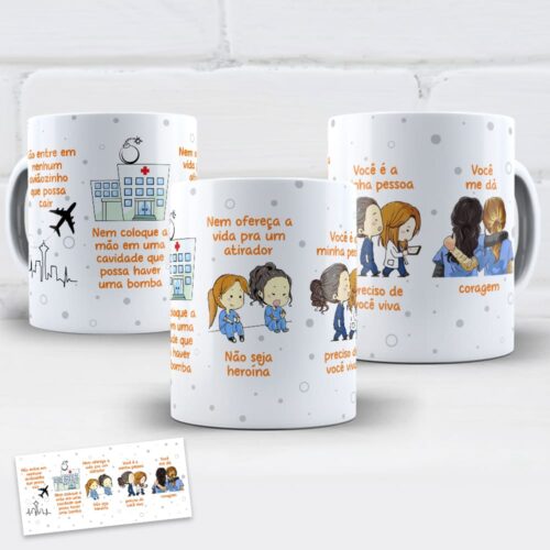 Arte para caneca Grey's Anatomy aviãozinho e tema de amizade entre amigas