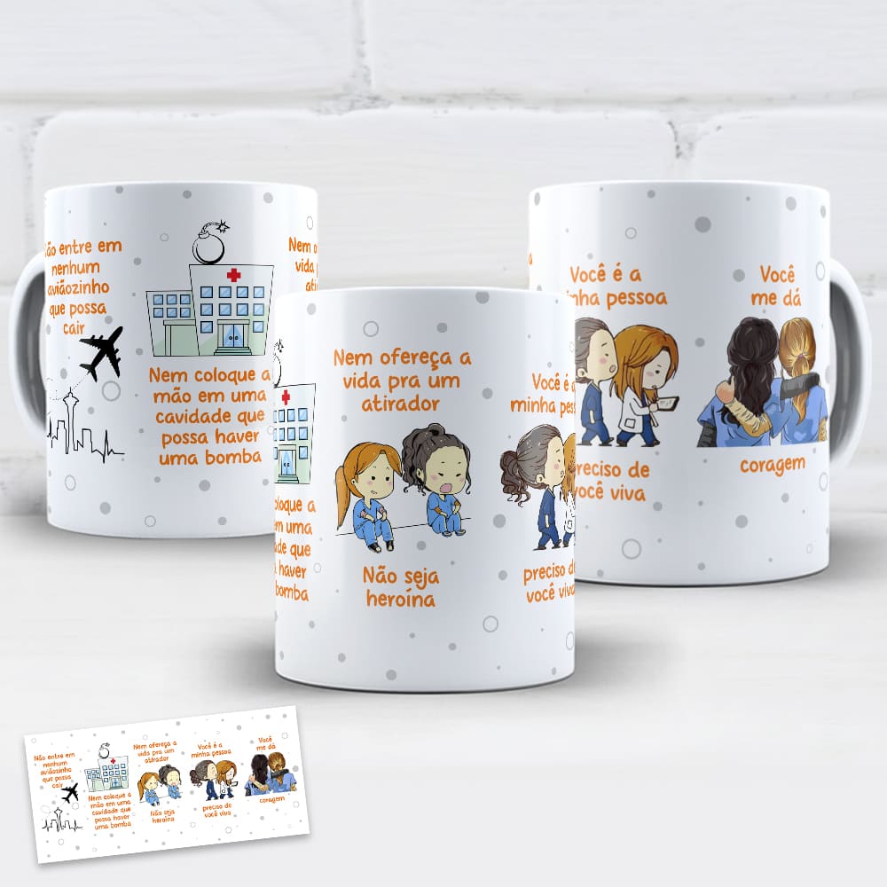 Arte para caneca Grey's Anatomy aviãozinho e tema de amizade entre amigas