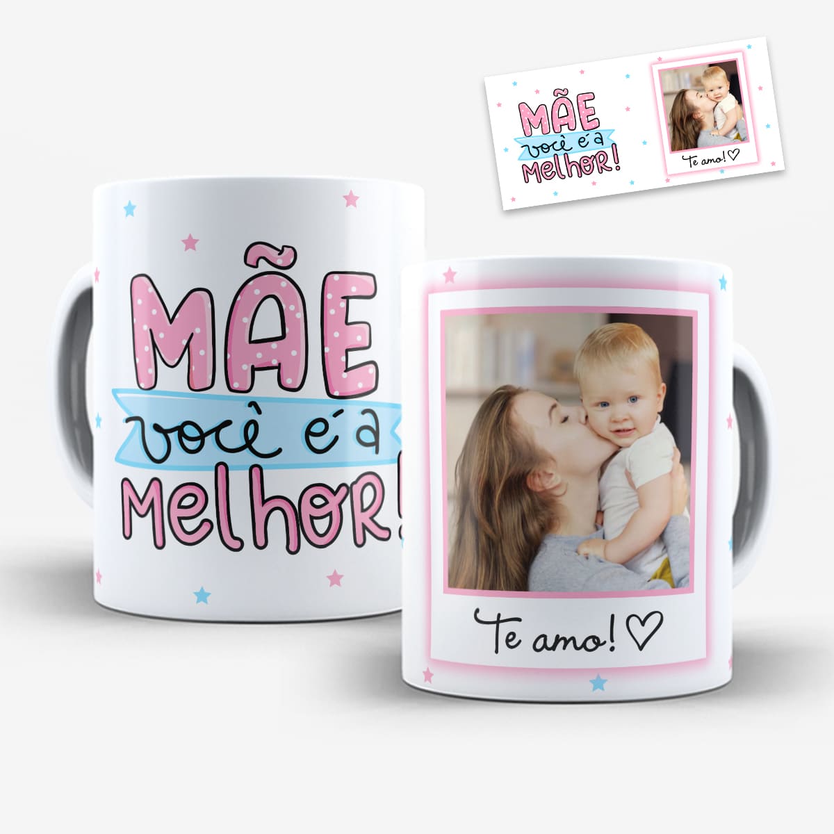 arte para caneca mãe você é a melhor dia das mães com moldura para foto frase em rosa e azul fundo claro com estrelinhas