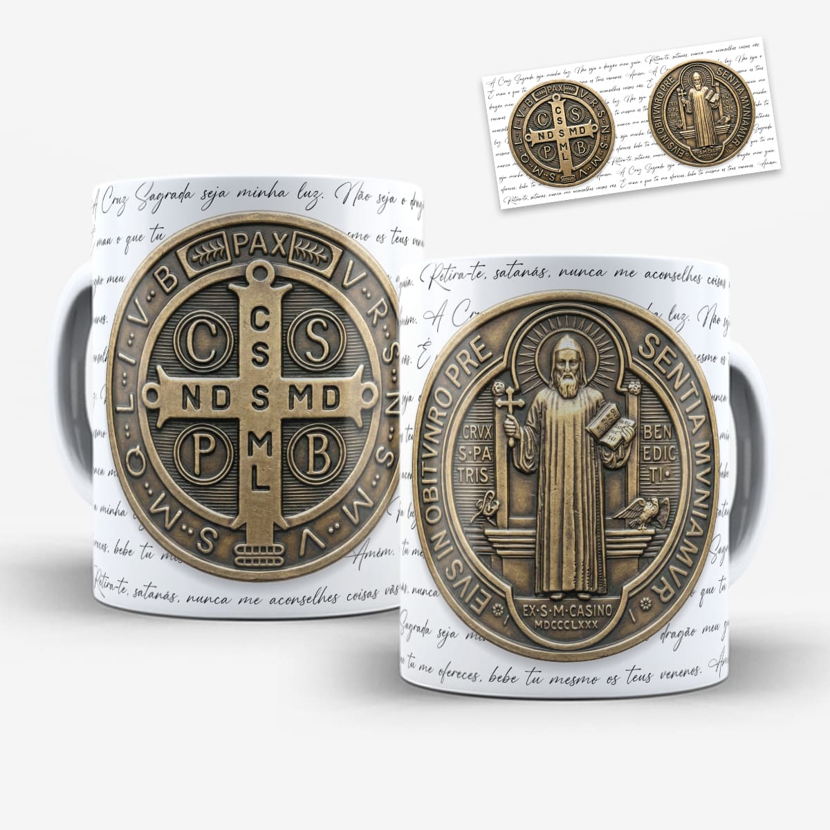 Arte para caneca medalha de são bento oração em dourado, com cruz, santo em pé e oração em escrita contínua ao fundo