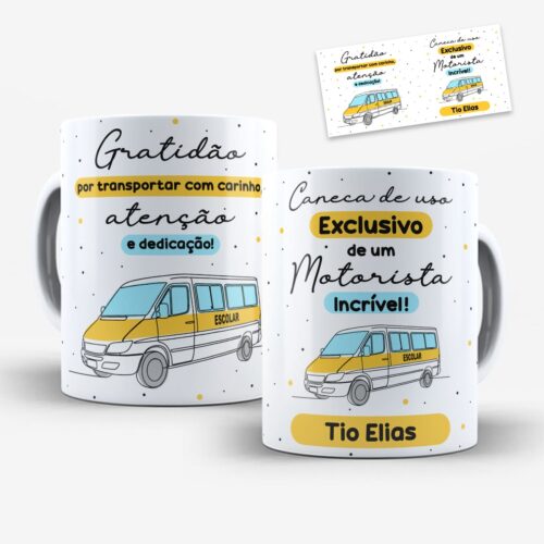 Arte digital para caneca motorista de van escolar amarela e azul com espaço para personalização com nome do motorista