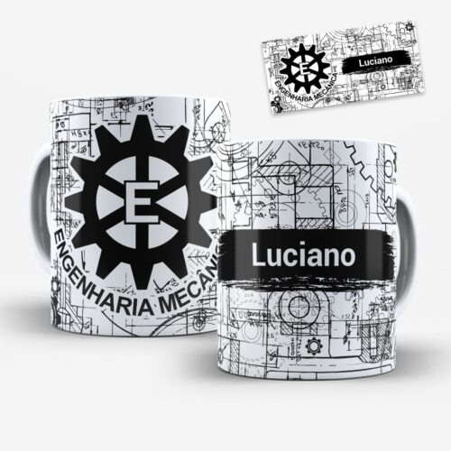 arte para caneca profissão engenharia mecânica: estilo industrial preto e branco com engrenagens, símbolo e faixa para personalização de nome