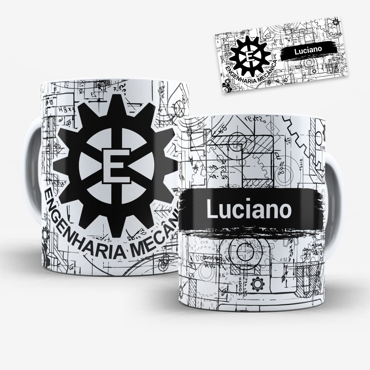 arte para caneca profissão engenharia mecânica: estilo industrial preto e branco com engrenagens, símbolo e faixa para personalização de nome