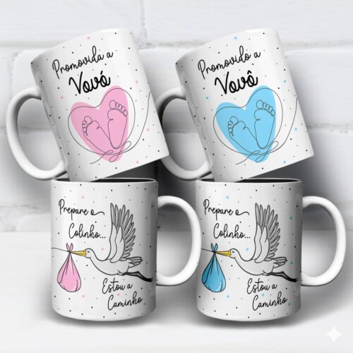 arte para caneca vovó e vovô prepare o colinho estou a caminho cegonha com pezinhos e coração rosa e azul