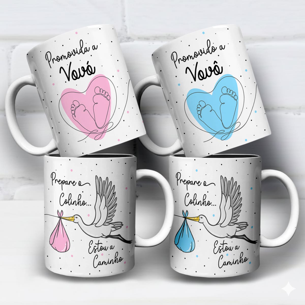 arte para caneca vovó e vovô prepare o colinho estou a caminho cegonha com pezinhos e coração rosa e azul