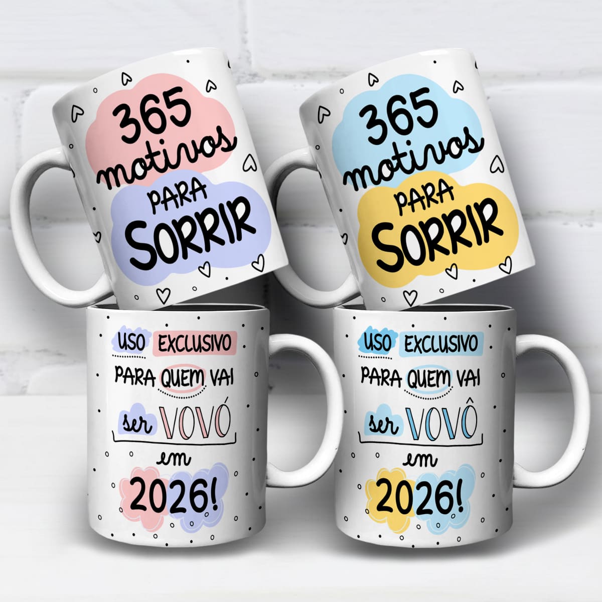 Arte para caneca 365 motivos uso exclusivo de quem vai ser vovó e vovô com corações e formas em cores suaves e espaço para personalizar o ano